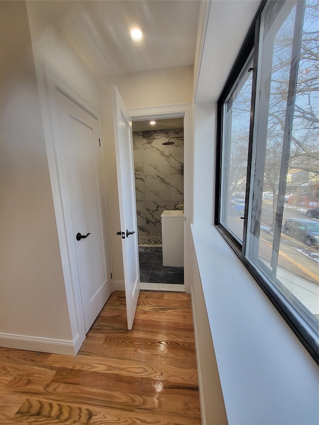 corridor featuring a wealth of natural light and hardwood / wood-style floors