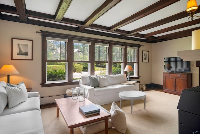 carpeted living room with beamed ceiling and a baseboard heating unit