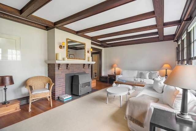 living room with dark hardwood / wood-style floors and beam ceiling