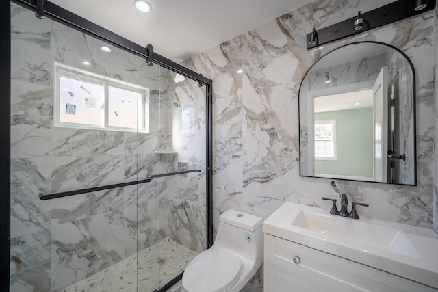 115-42 Inwood St, Jamaica, NY 11436 - bathroom with tile walls, a marble finish shower, toilet, and vanity