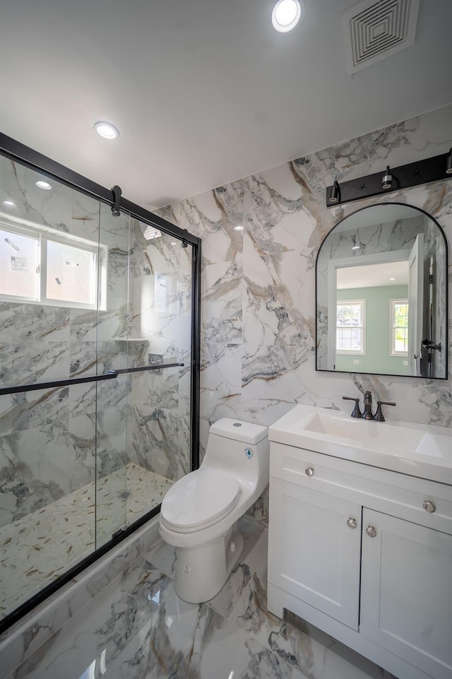115-42 Inwood St, Jamaica, NY 11436 - full bath featuring toilet, a marble finish shower, vanity, recessed lighting, and marble finish floors