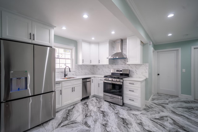 115-42 Inwood St, Jamaica, NY 11436 - kitchen with stainless steel appliances, wall chimney exhaust hood, a sink, tasteful backsplash, and light countertops