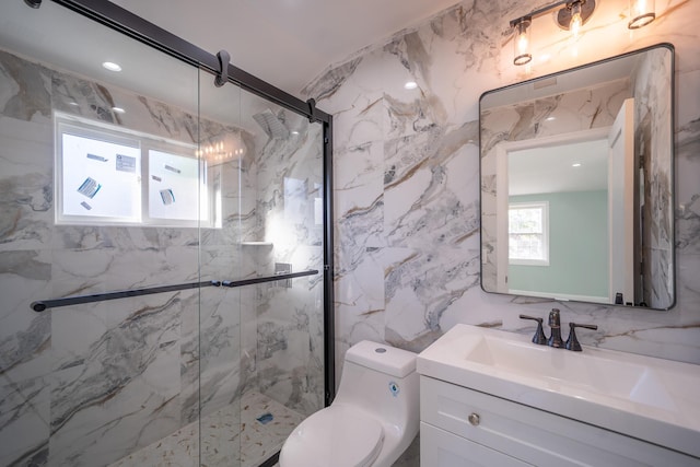 115-42 Inwood St, Jamaica, NY 11436 - full bathroom with tile walls, a marble finish shower, vanity, and toilet
