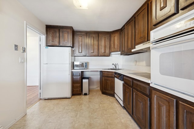 kitchen with dark brown cabinets, sink, and white appliances