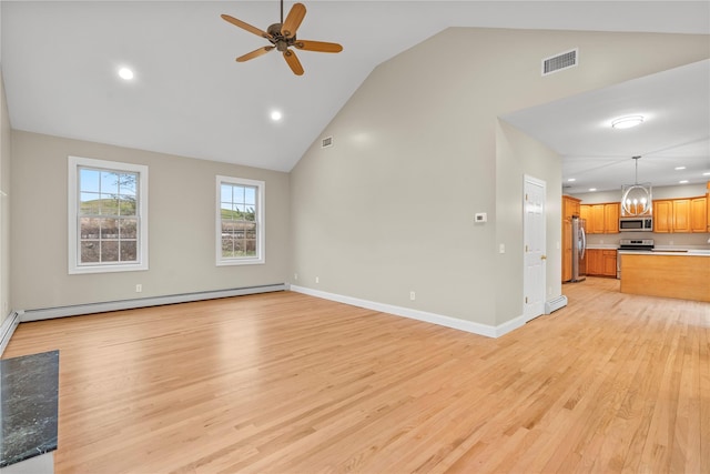 unfurnished living room with ceiling fan with notable chandelier, light hardwood / wood-style floors, lofted ceiling, and a baseboard heating unit