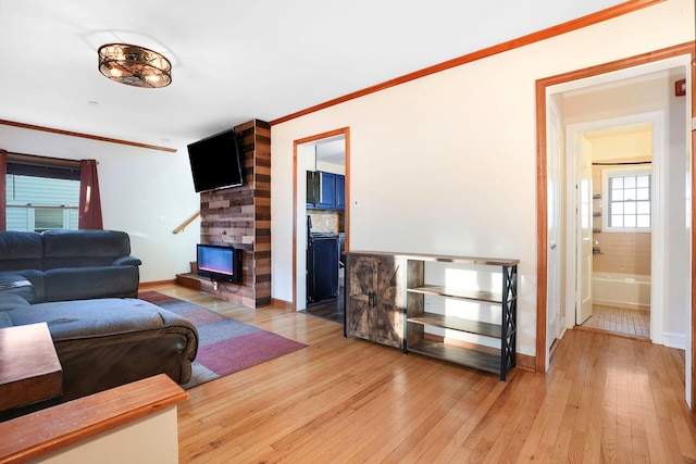 living room featuring ornamental molding, a wood stove, and light hardwood / wood-style flooring