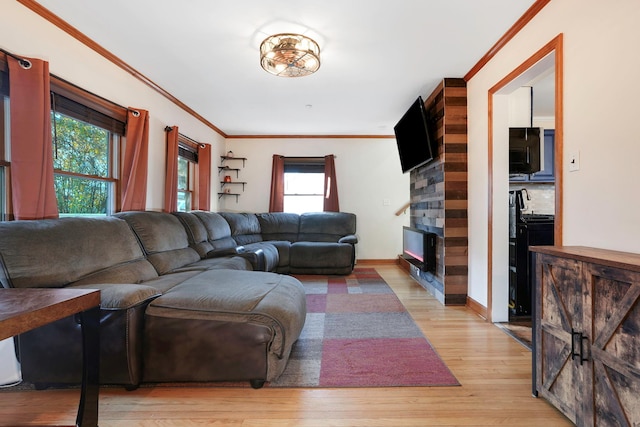 living room with ornamental molding and light hardwood / wood-style flooring