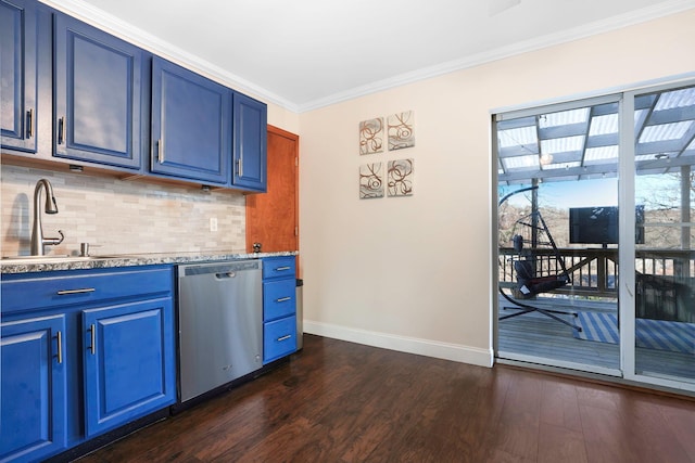 kitchen featuring dishwasher, crown molding, blue cabinets, and sink