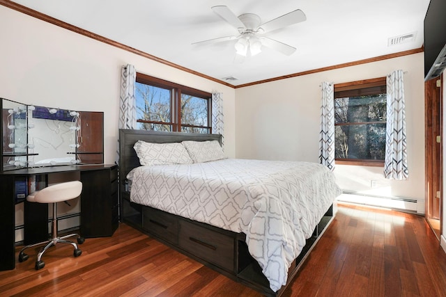 bedroom with ceiling fan, dark hardwood / wood-style floors, ornamental molding, and baseboard heating