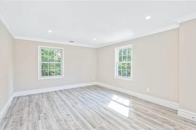 spare room featuring light hardwood / wood-style flooring and ornamental molding