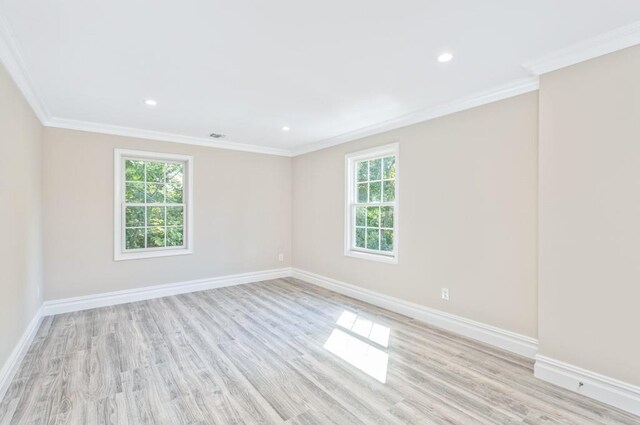 spare room featuring light wood-type flooring, plenty of natural light, and ornamental molding