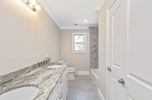 bathroom featuring vanity, toilet, and crown molding