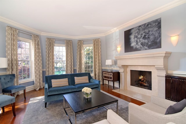 living room featuring crown molding, a premium fireplace, and hardwood / wood-style flooring