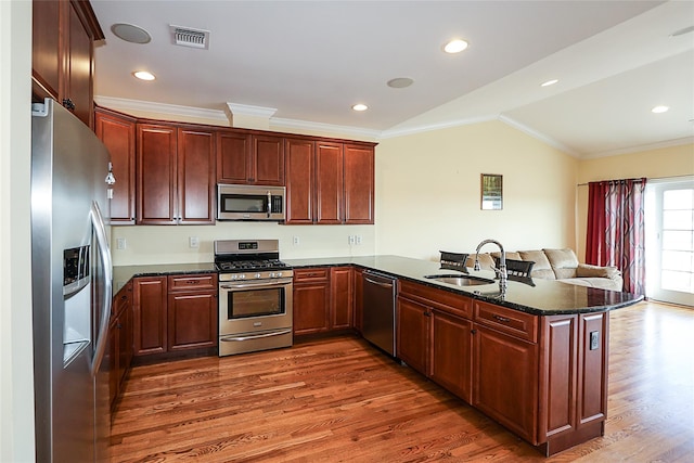 kitchen with kitchen peninsula, appliances with stainless steel finishes, dark wood-type flooring, sink, and lofted ceiling