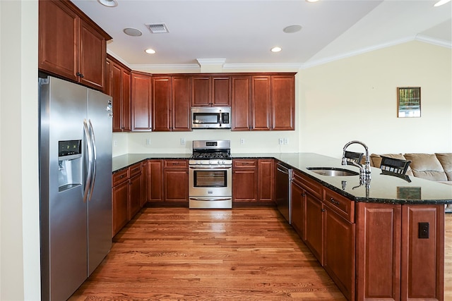 kitchen featuring lofted ceiling, dark wood-type flooring, sink, kitchen peninsula, and stainless steel appliances