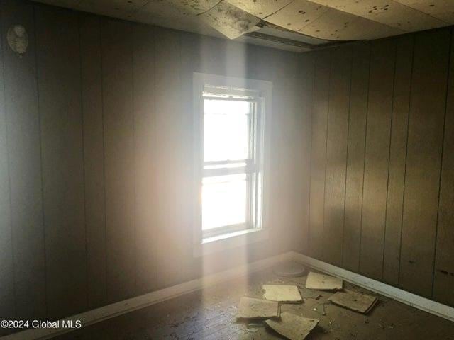 empty room with baseboards, wooden walls, and plenty of natural light