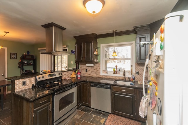 kitchen featuring island exhaust hood, kitchen peninsula, tasteful backsplash, stainless steel appliances, and sink