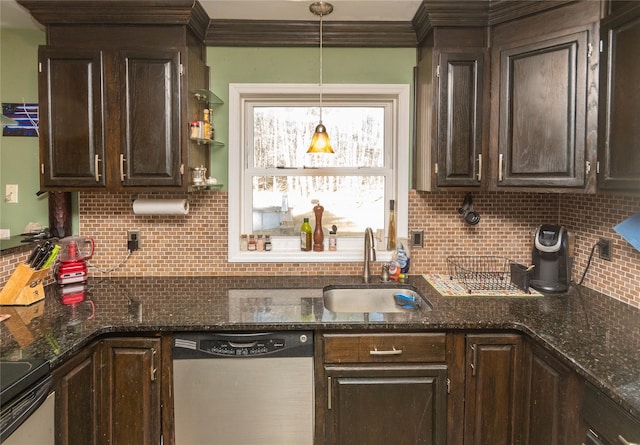 kitchen with pendant lighting, backsplash, sink, stainless steel dishwasher, and dark brown cabinetry