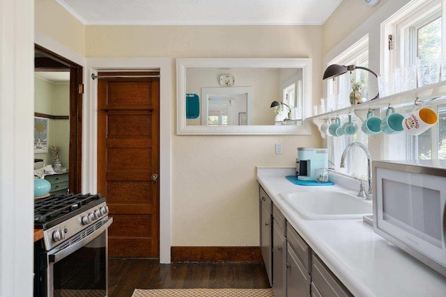 kitchen with dark hardwood / wood-style floors, high end stove, sink, and ornamental molding