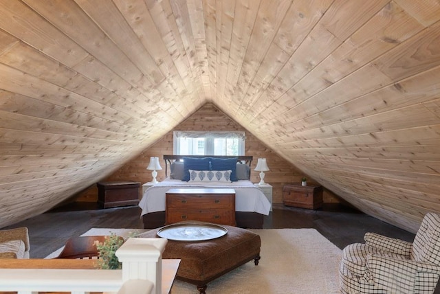 unfurnished bedroom with wooden ceiling, lofted ceiling, and wood walls