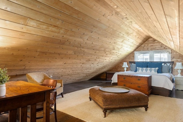 bedroom featuring wooden walls, wooden ceiling, vaulted ceiling, and hardwood / wood-style flooring