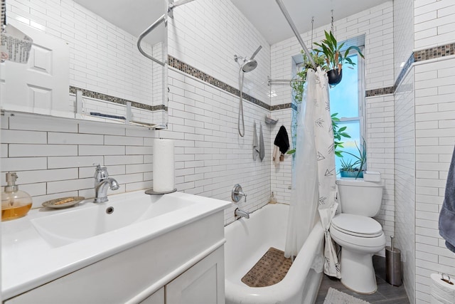 full bathroom with shower / tub combo, tasteful backsplash, vanity, tile walls, and toilet