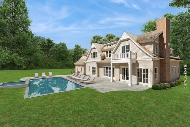 2524 Noyack Rd, Sag Harbor, NY 11963 - rear view of house featuring a balcony, a chimney, an outdoor pool, a patio area, and a yard