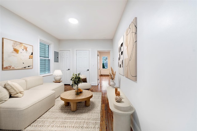 living room with wood-type flooring and electric panel