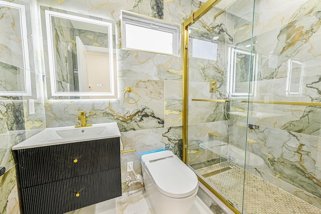 bathroom featuring vanity, toilet, tile walls, and walk in shower