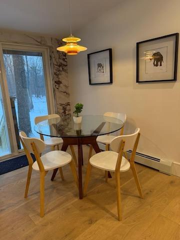 dining room with light hardwood / wood-style floors and a baseboard radiator