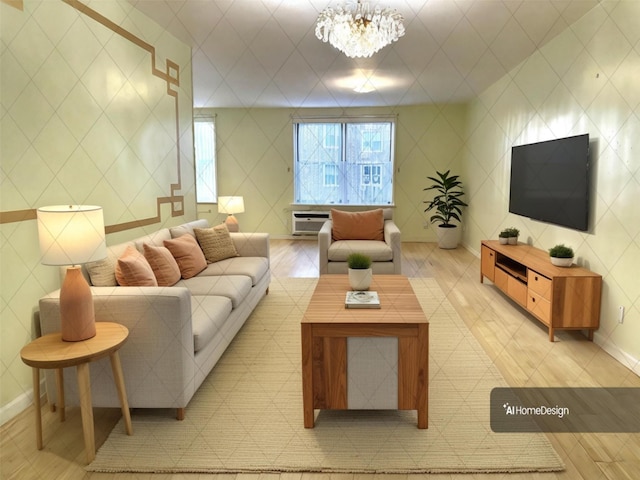 living room with light hardwood / wood-style flooring, a chandelier, and a wall mounted air conditioner