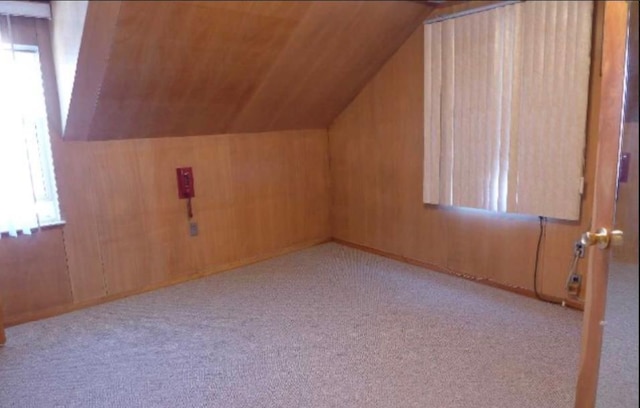 additional living space with lofted ceiling, light colored carpet, a healthy amount of sunlight, and wood walls