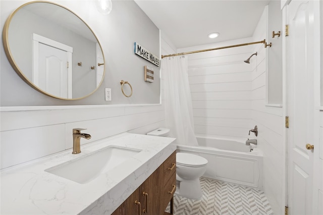 full bathroom with vanity, toilet, and shower / bathtub combination with curtain