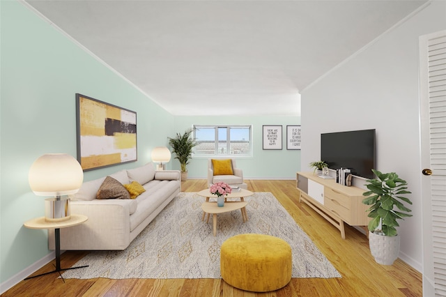 living room featuring crown molding and light wood-type flooring