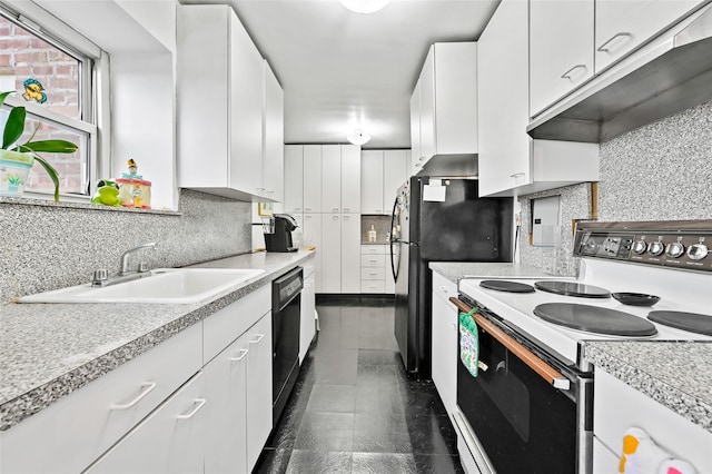 kitchen with white cabinetry, sink, black dishwasher, backsplash, and electric stove