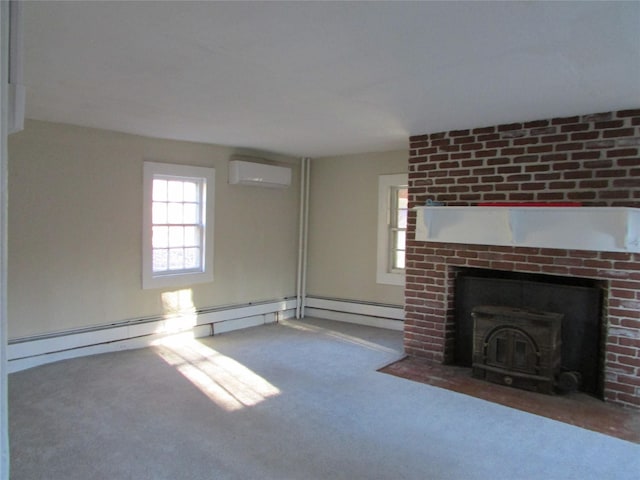 unfurnished living room with an AC wall unit and dark colored carpet