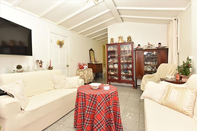 living room featuring lofted ceiling