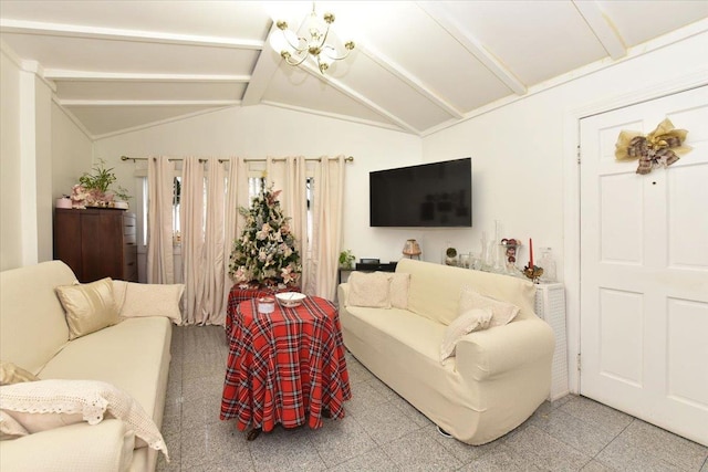 living room with a notable chandelier and lofted ceiling with beams