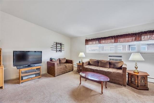 carpeted living room with a wall unit AC and a baseboard heating unit