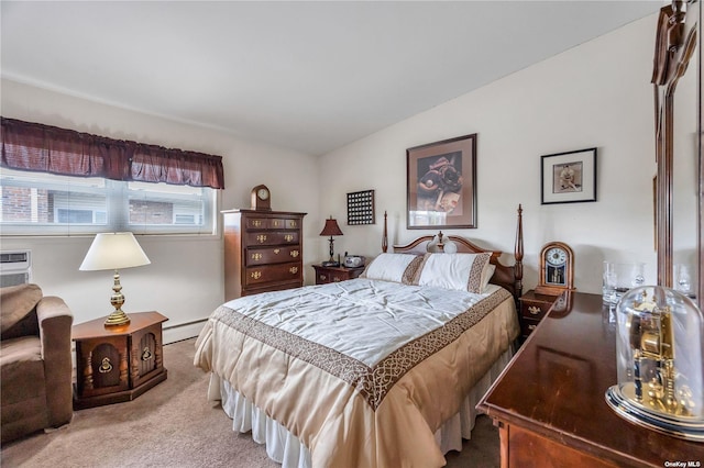 bedroom with light colored carpet, vaulted ceiling, and a baseboard heating unit