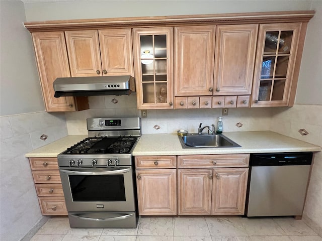 kitchen with decorative backsplash, appliances with stainless steel finishes, and sink