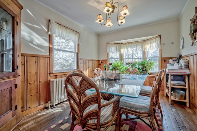 dining space featuring dark wood-type flooring, ornamental molding, radiator heating unit, and a chandelier