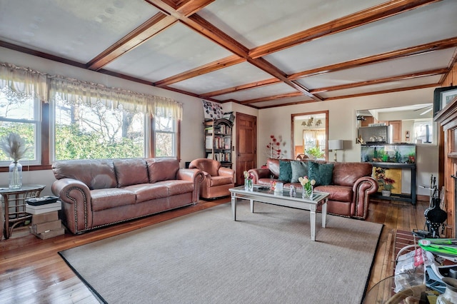 living room with hardwood / wood-style flooring, plenty of natural light, beam ceiling, and coffered ceiling