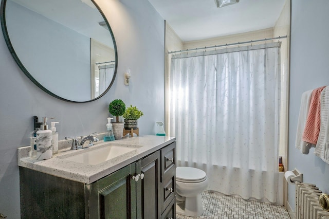 full bathroom featuring tile patterned floors, toilet, vanity, radiator, and shower / bath combination with curtain