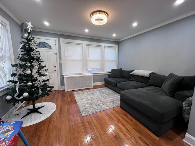 living room with radiator, hardwood / wood-style floors, and ornamental molding