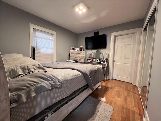 bedroom with hardwood / wood-style floors and a closet