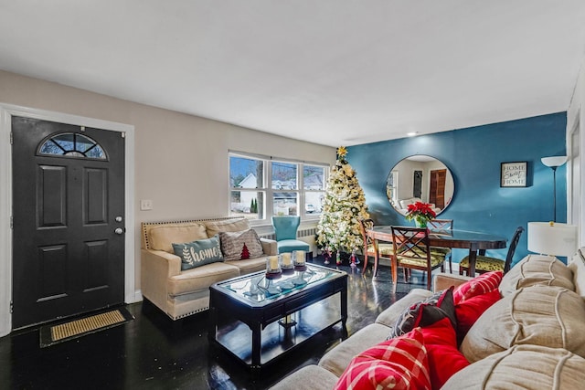 living room with dark hardwood / wood-style floors