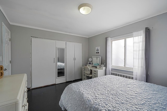 bedroom featuring radiator, a closet, and ornamental molding