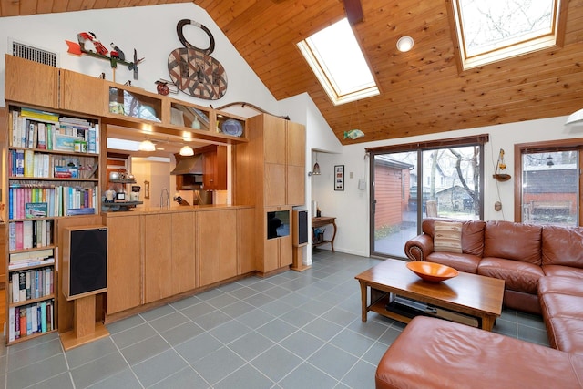 tiled living room featuring high vaulted ceiling, sink, wood ceiling, and a skylight