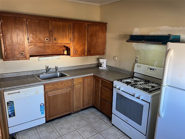 kitchen featuring range hood, white appliances, and sink